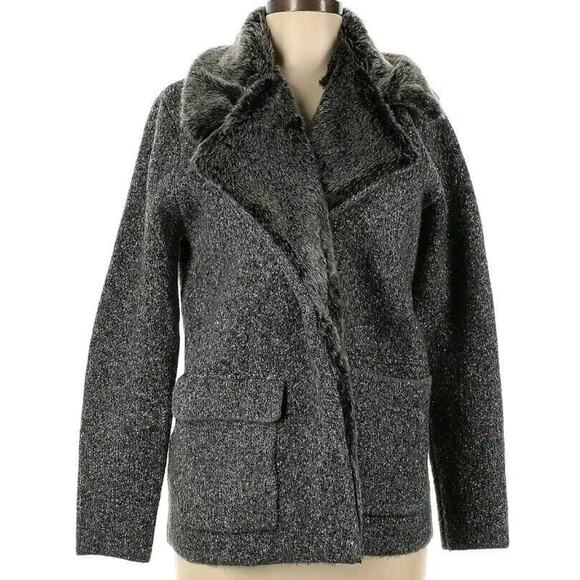 Mango Wool Trench Coat Winter Size 6 Gray Faux Fur Pockets Classic Mob Wife - Picture 2 of 12